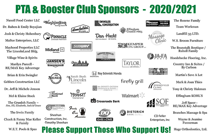 Banner showing the 2020-21 PTA & Booster Club sponsors
